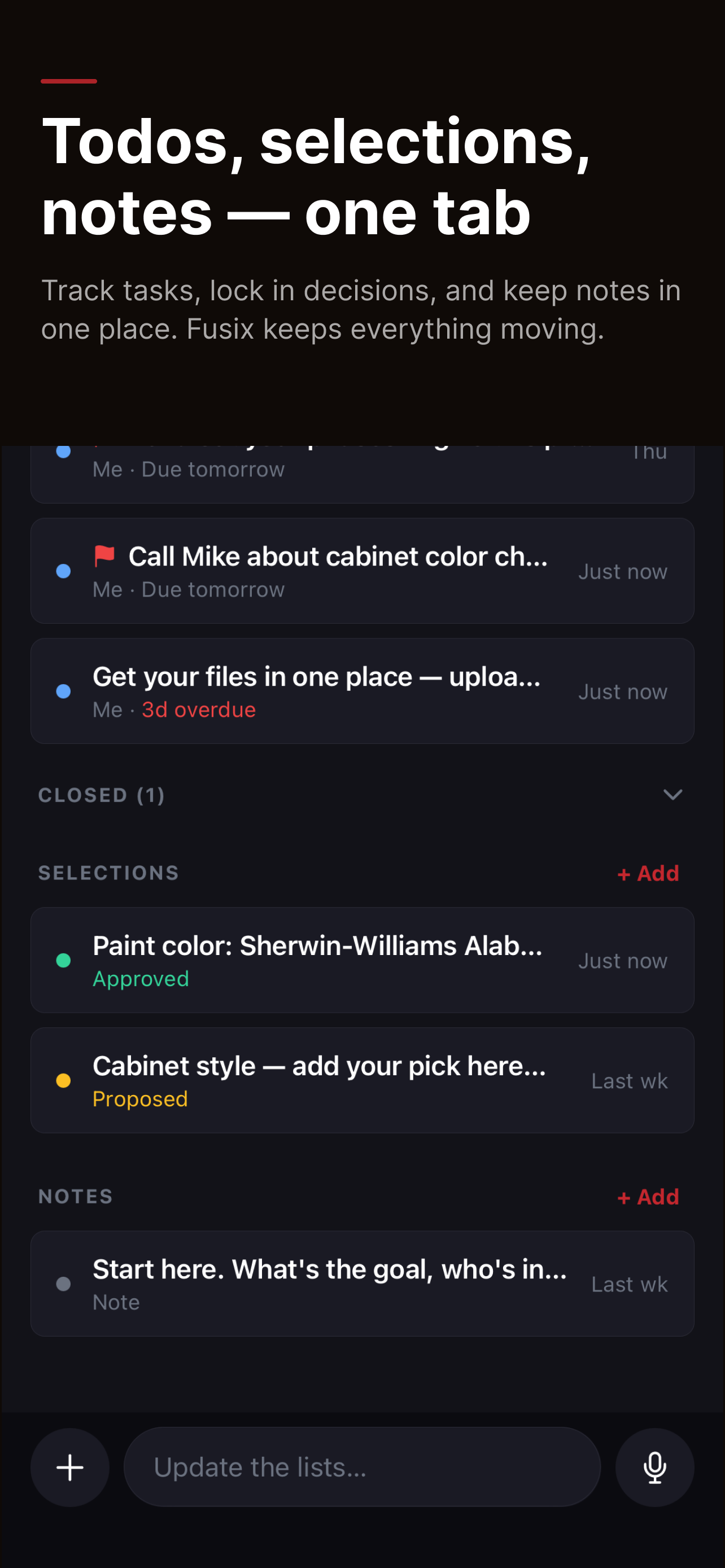 Lists — todos, selections, notes in one tab
